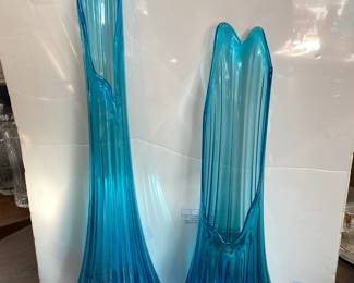 LE Smith Simplicity swung glass vase ~ribbed & fingered and LE Smith ribbed vase ~ both are peacock blue