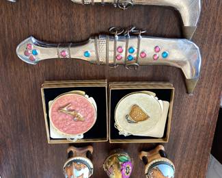 Pair of traditional , bejeweled Moroccan Koummya daggers . Assorted porcelain & enameled boxes