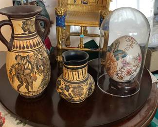 Museum Relicas of Greek Pottery Tall one is Oinochoe , short one is Olpe form . Replica of King Tut's throne