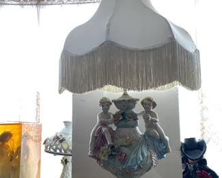 Vintage Capodimonte Double Cherub Lamp with silk shade.
