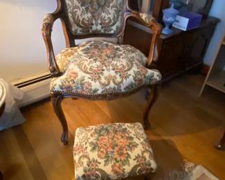 French Louis XV Style Embroidered Chair & Footstool