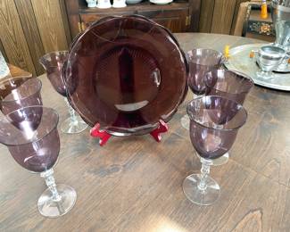 Hazel Atlas Amethyst Moroccan Dishes with complimenting stemware