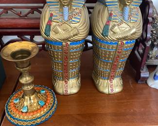 Vintage Scarab ,beaded brass candlestick and King Tutankhamun Statues