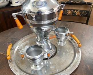 Chrome and butterscotch Bakelite coffee set with Samovar, creamer , sugar &tray