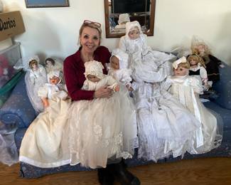 This talented seamstress used the wedding gown's satins ,silks & veils to make baptism, communion & confirmation clothes ( as well as all the doll bride dresses you see in this sale )