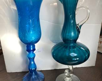 Royal Blue Italian Empoli Glass hurricane & Empoli Art Glass pitcher