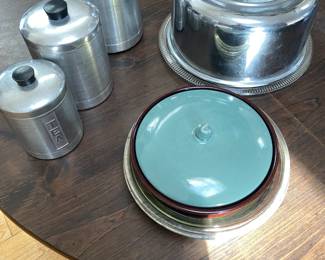 Mid Century Brushed Aluminum Heller canister set , Walker Ware cake taker and other dishes