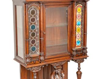 Lot 55
Carved Walnut and Leaded Glass Hall Cabinet 1870, H 79" W 39" Depth 18"