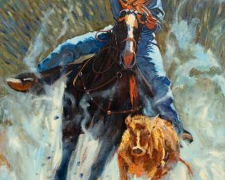 Lot 1005
Charles Schridde (American, 1926-2011) Oil on Canvas 'on the Go', H 40" W 30" Frame Size: H 51" W 37"