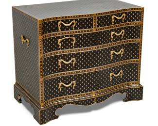 Lot 75
Chelsea House Serpentine Front Gilt Black Lacquered Chest of Drawers 20th Cen., H 32.25" L 36.5" Depth 21.25"