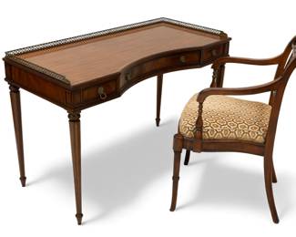 Lot 65
Maitland-Smith Carved Mahogany Writing Desk and Armchair 20th Cent., H 35.5" W 22" Depth 23" 2 PCS