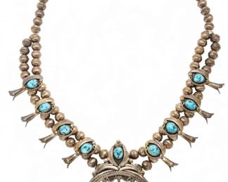 Lot 17
Navajo Squash Blossom Sterling with Turquoise Necklace 1950, L 17" 67 g
