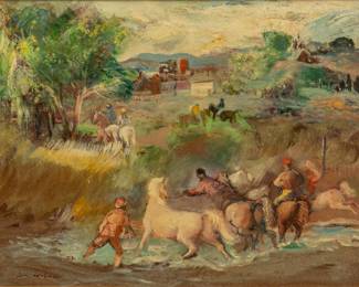 Lot 1020
Jon Corbino (American, 1905-1964) Oil on Masonite 'Summer Riders', H 12" W 16" Frame Size: H 17.25" W 21.25"