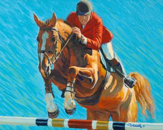 Lot 1002
Charles Schridde (American, 1926-2011) Oil on Canvas 'Jump Horse', H 30" W 40" Frame Size: H 39" W 49"