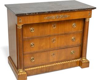 Lot 53
Baker Furniture (American) French Empire-Style Mahogany Marble-Top Chest of Drawers 1960, H 34" W 41" Depth 21.75"