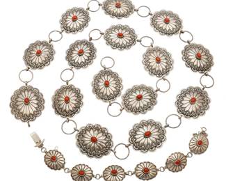 Lot 5
Ella Linkin (Gallup, NM, B. 1954) Sterling Silver with Coral Beads Belt, + Matching Bracelet 1950, L 37" 165 g 2 PCS