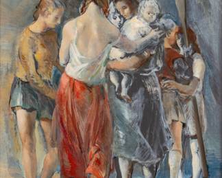 Lot 1023
Jon Corbino (American, 1905-1964) Oil Masonite 'Family Composition', H 24" W 20" Frame Size: H 31" W 26.5"