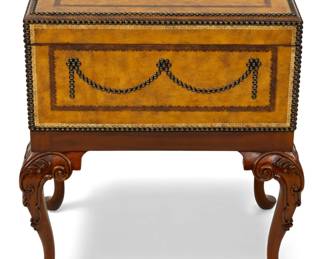 Lot 74
Maitland-Smith Leather and Mahogany Chest Chest 20th Cen., H 28.5" W 26" Depth 17"