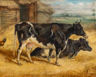 Lot 1009
Thomas Sidney Cooper (British, 1803-1902) Oil on Canvas 'Cow and Rooster', H 8.5" W 17.5"