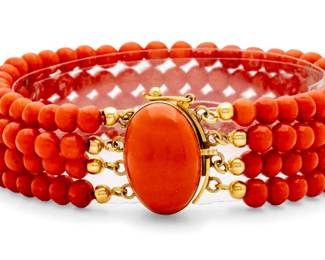 Lot 7
Coral 4 Strand Bracelet, 750 Yellow Gold, 'Matches Lot Above', L 7" 26 g
