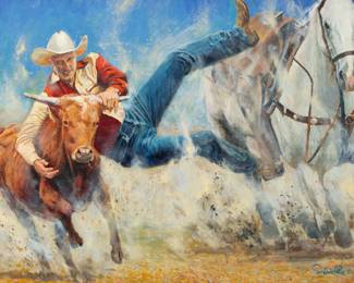 Lot 1003
Charles Schridde (American, 1926-2011) Oil on Canvas 'Steer Wrestling', H 31" W 48" Frame Size: H 40" W 56.5"