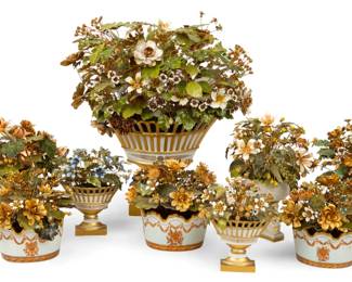 Lot 26
Jane Hutcheson (American, 1920-2014) for the Gorham Company, 'Fleurs Des Siecles' Enamel on Gilt Metal Floral Arraignments , 1970s, 9 PCS
