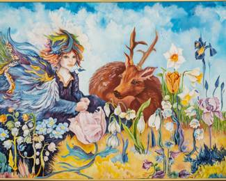 Lot 1015
Renate Roske-Shelton (Canadian) Oil on Canvas Woodland Fairy with Deer, H 51" W 71" Frame Size: H 51.5" W 71.5"