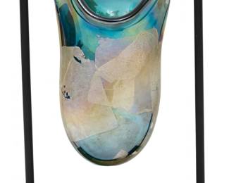 Lot 38
Homer James Yarrito, Aqua and Silver Art Glass Vase on Iron Stand 1999, H 10" W 6"