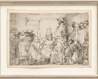 Lot 1042
Rembrandt Van Rijn (Dutch, 1606-1669) Etching and Drypoint on Paper 1654, 'Christ Seated Disputing with the Doctors', H 3.75" W 5.6" Frame Size: H 17.