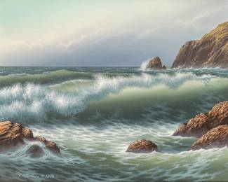 Lot 1032
Roy George Swanson (American/San Francisco, 1937-2008) Oil on Masonite 1978, 'California Coastal Seascape', H 11.75" W 13.75" Frame Size: H 17.25" W 2