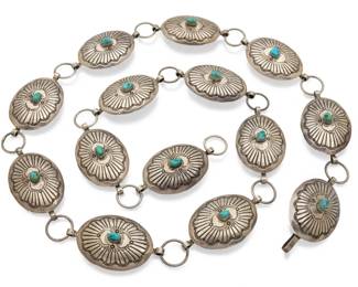 Lot 15
Navajo Sterling Silver Belt with Turquoise, Stamped "Yellowhorse" L 36" 173 g