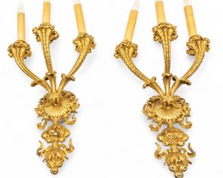 Lot 28
French Louis XVI Style Dore Bronze Three Light Sconces, 19th C., H 20" W 14" Depth 10.5" 2 PCS