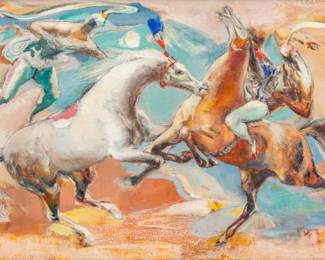 Lot 1022
Jon Corbino (American, 1905-1964) Oil Canvas 'Circus', H 15" W 25" Frame Size: H 21.5" W 31.25"