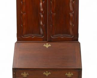 Lot 64
Charak Furniture Co. (American, Est. 1919) Chippendale Style Carved Mahogany Bombay Secretary Desk, Ca. 1930, H 89.5" W 36" Depth 21.5"