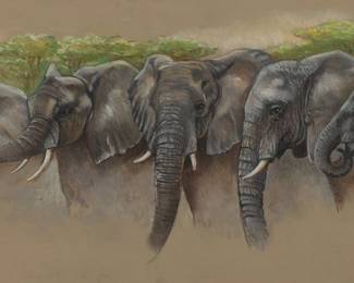 Lot 1018
Patricia Wilkes Tadena (American) Pastel on Paper 'Elephants in Motion', H 12" W 27" Frame Size: H 25.25" W 39.5" Depth 1.25"