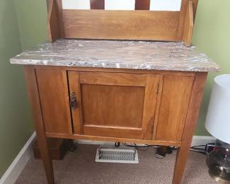 Arts and Crafts Oak Washstand with Marble Top and Tile Back