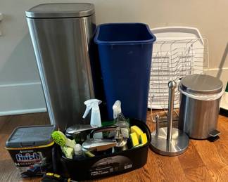 Stainless Steel Trash Bin And Cleaning Supplies