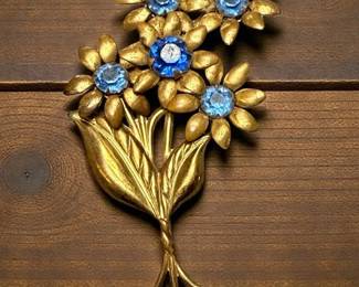 Vintage GoldTone Bouquet Brooch With Blue Stones