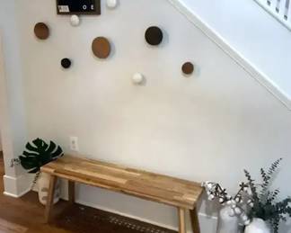 Entry Decor Ikea Wood Bench, Faux Plants  Wall Hooks 