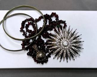 Garnet Necklace, Monet Brooch, Sterling Brooch Bracelets