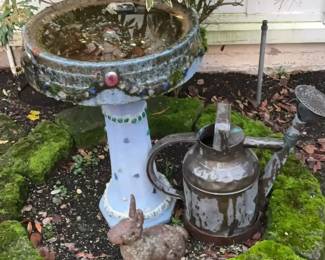 Garden Art Bird Bath, Watering Can  Rabbit