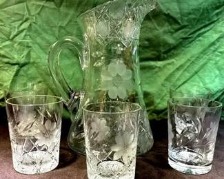 Cut Crystal Floral Pattern Pitcher And Drinking Glasses 