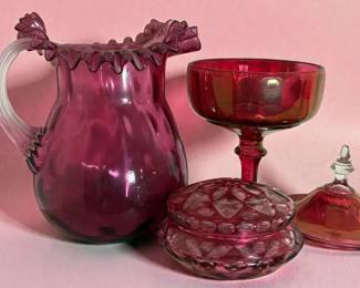 Fenton Cranberry Glass Coin Dot Ruffled Pitcher Others