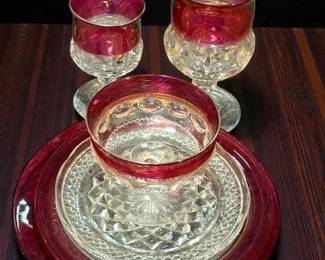 Kings Crown Cranberry Flashed Glassware84 Pieces