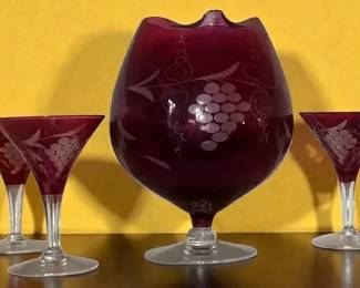 Cranberry Cut to Clear Bohemian champagne glasses with grape pattern