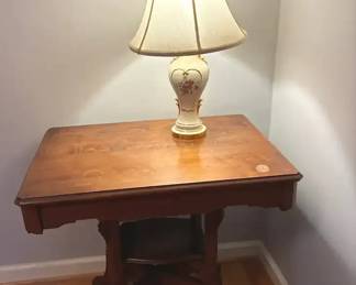 Eastlake Side Table And Porcelain Lamp