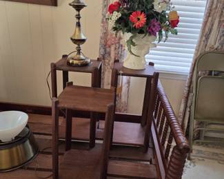 Primitive single cot. circa 1840s & three bench made occasional tables.