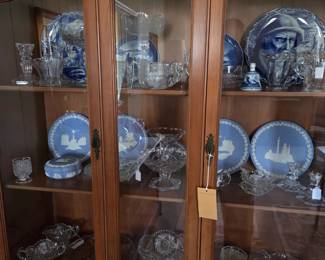 Vintage collection of Pressed glass, cut crystal table articles. Wedgewood & English earthenware.