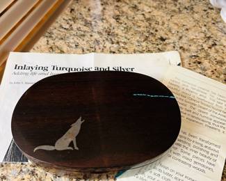 Ironwood box with turquoise and silver inlay signed by Lawrence Favorite