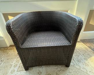 R166 - $150. 4 Piece Set. 2 Chairs & Ottoman & Square Table. Measures 26" wide x 24" deep x 26.75" floor to top of back. No cushions included. Tables are 20" square x 17.25" tall and 27.25" square x 13.25" tall. 